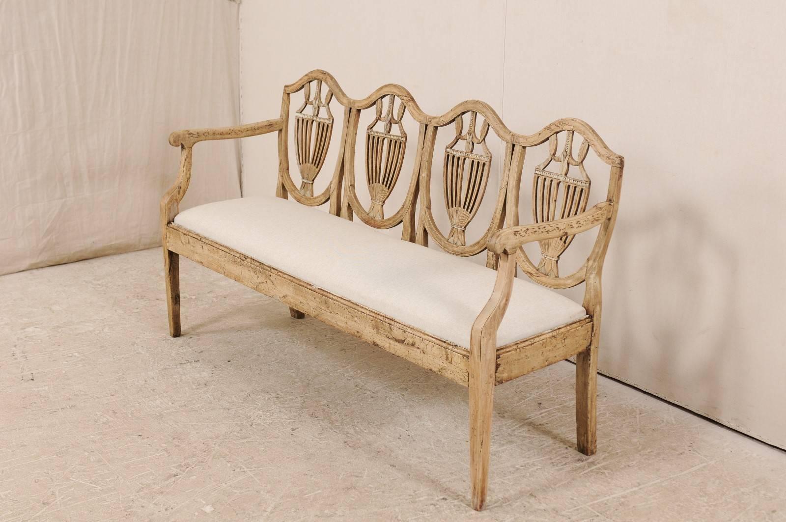 18th Century Italian Bleached Fruitwood Sofa Bench with Urn Motif Back Splat 1