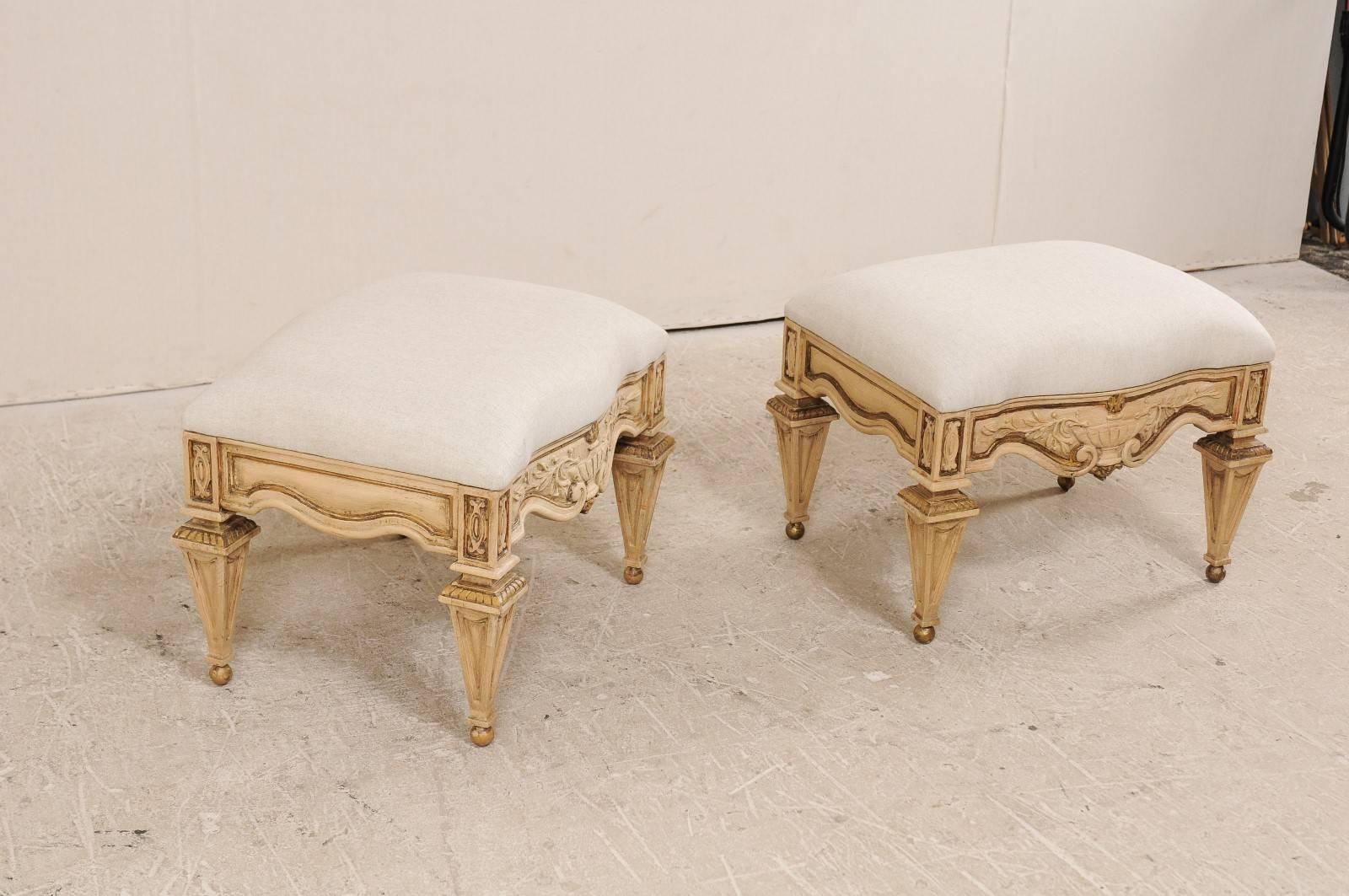 20th Century Pair of Italian Style Carved Ash Wood Upholstered Vintage Stools