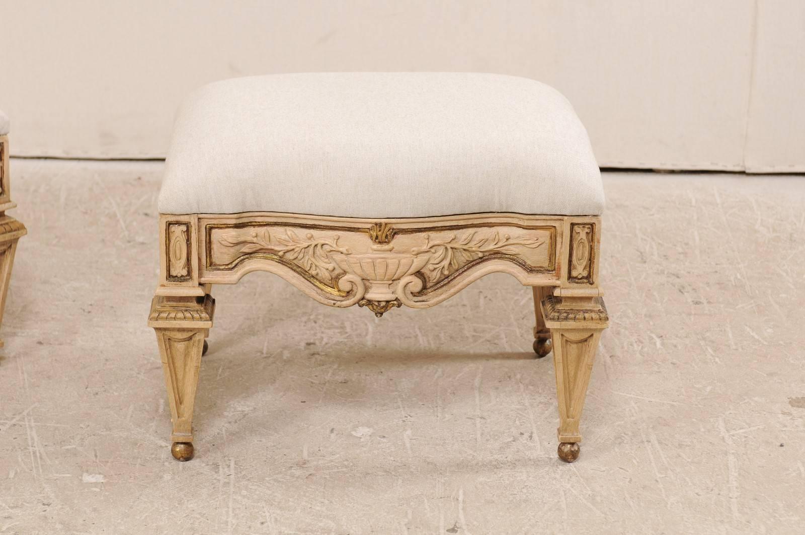 Pair of Italian Style Carved Ash Wood Upholstered Vintage Stools In Good Condition In Atlanta, GA