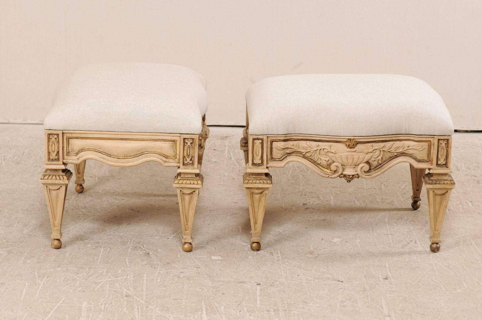 Pair of Italian Style Carved Ash Wood Upholstered Vintage Stools 1