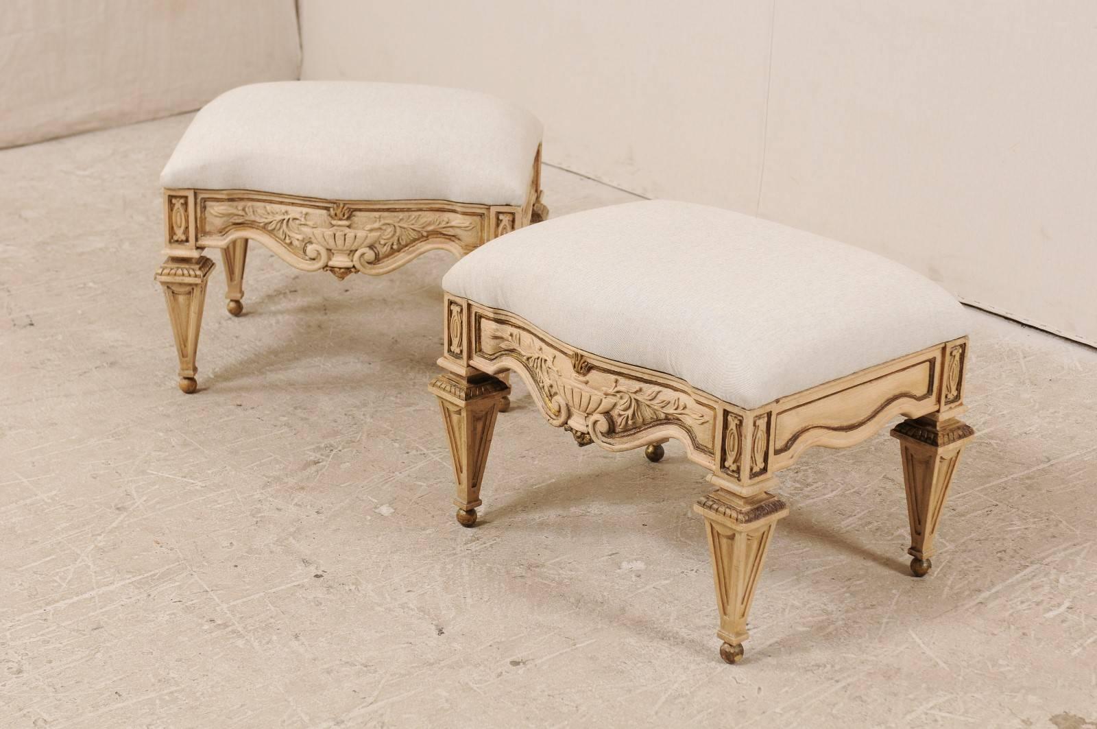 Linen Pair of Italian Style Carved Ash Wood Upholstered Vintage Stools