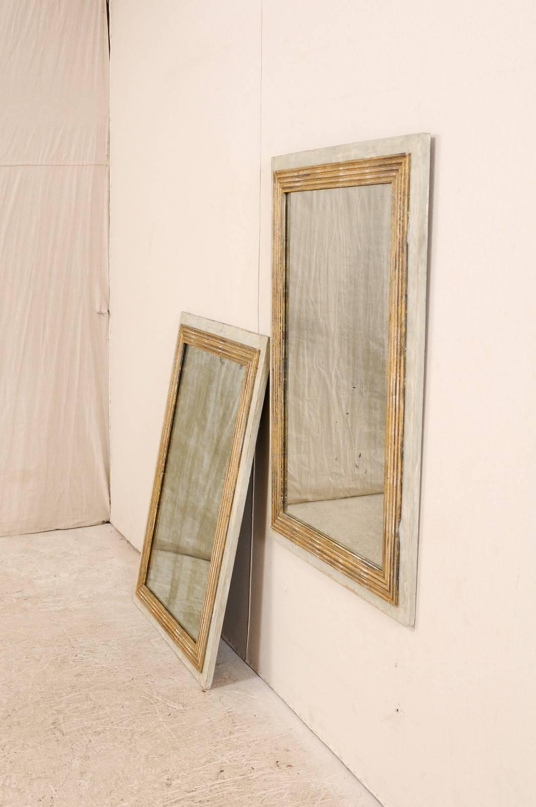 Glass Pair of French Painted Gold and Soft Grey Mirrors with Reeded Details