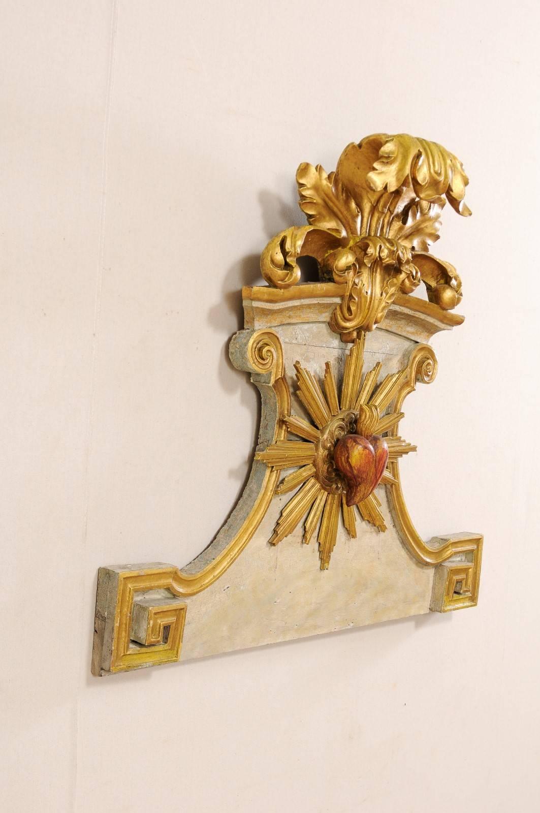 Spanish 18th C. Wall Plaque w/ Elaborately Carved Crown & Heart w/Rays at Center 1