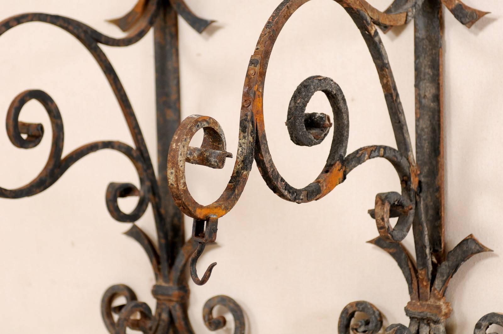 Pair of Italian, 19th Century Iron Scroll-Shaped Hangers with Great Patina For Sale 2