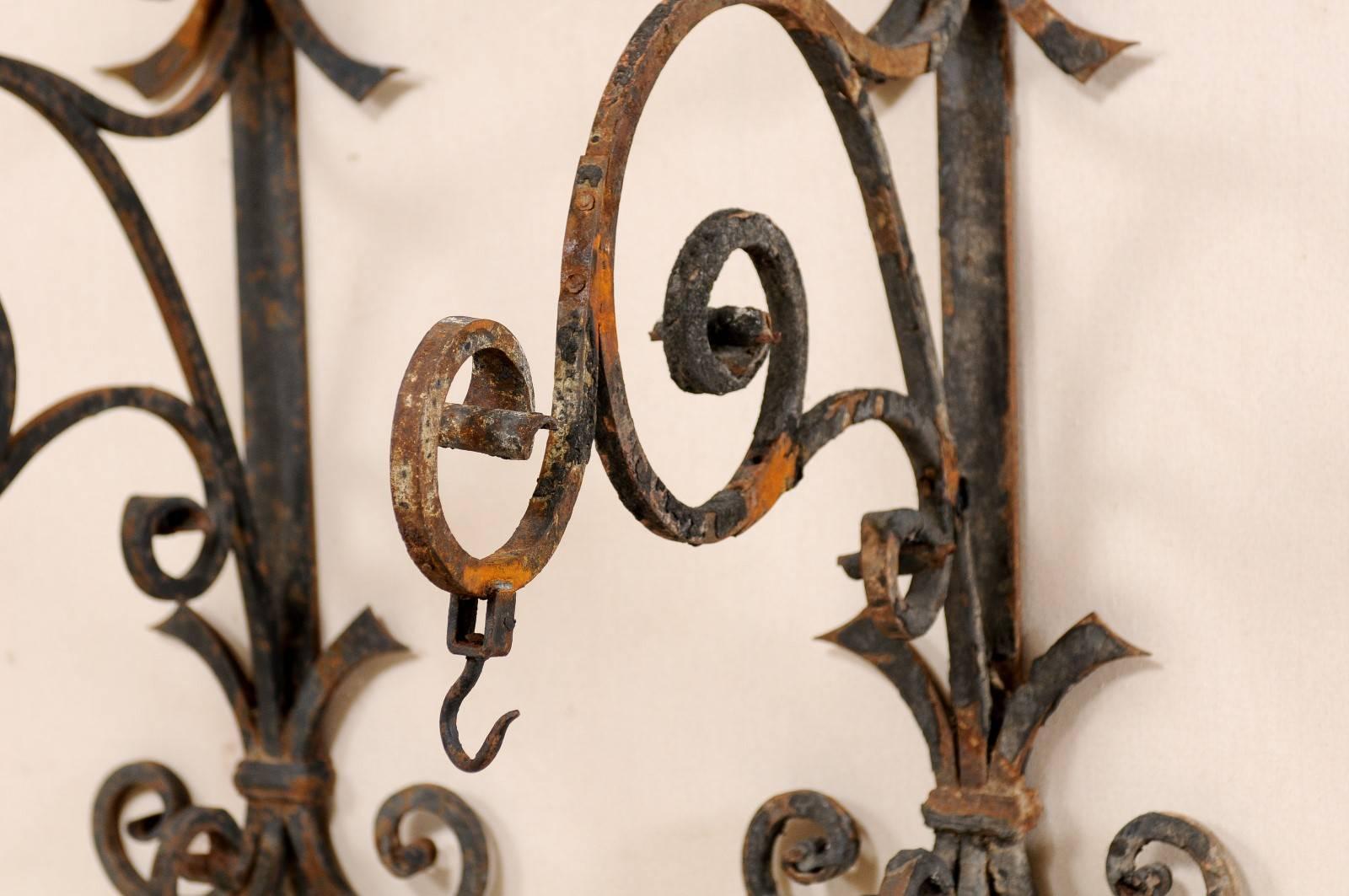 Pair of Italian, 19th Century Iron Scroll-Shaped Hangers with Great Patina For Sale 4