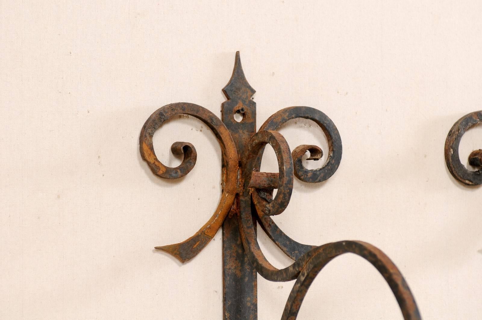 Patinated Pair of Italian, 19th Century Iron Scroll-Shaped Hangers with Great Patina For Sale