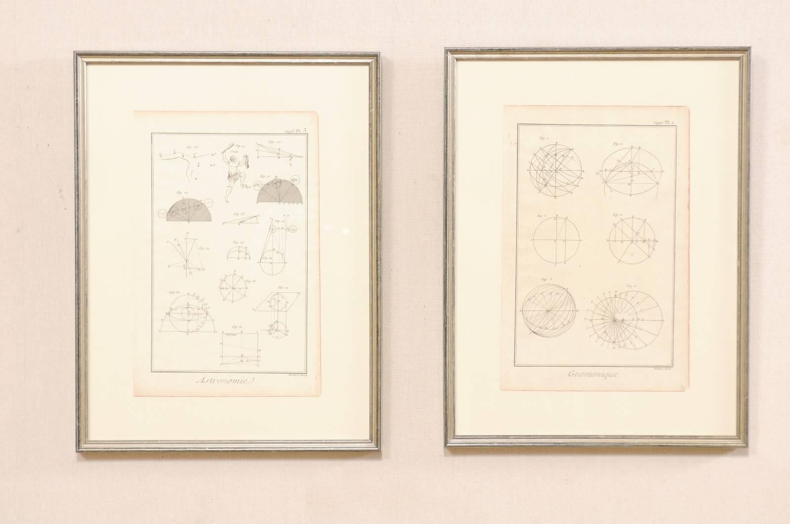 A pair of framed French 18th century Bernard Direx renderings. This is a pair of framed astronomy and geometric renderings from French artist Bernard Direx. Each rendering was originally part of a larger book, and are copper plate engraved (a