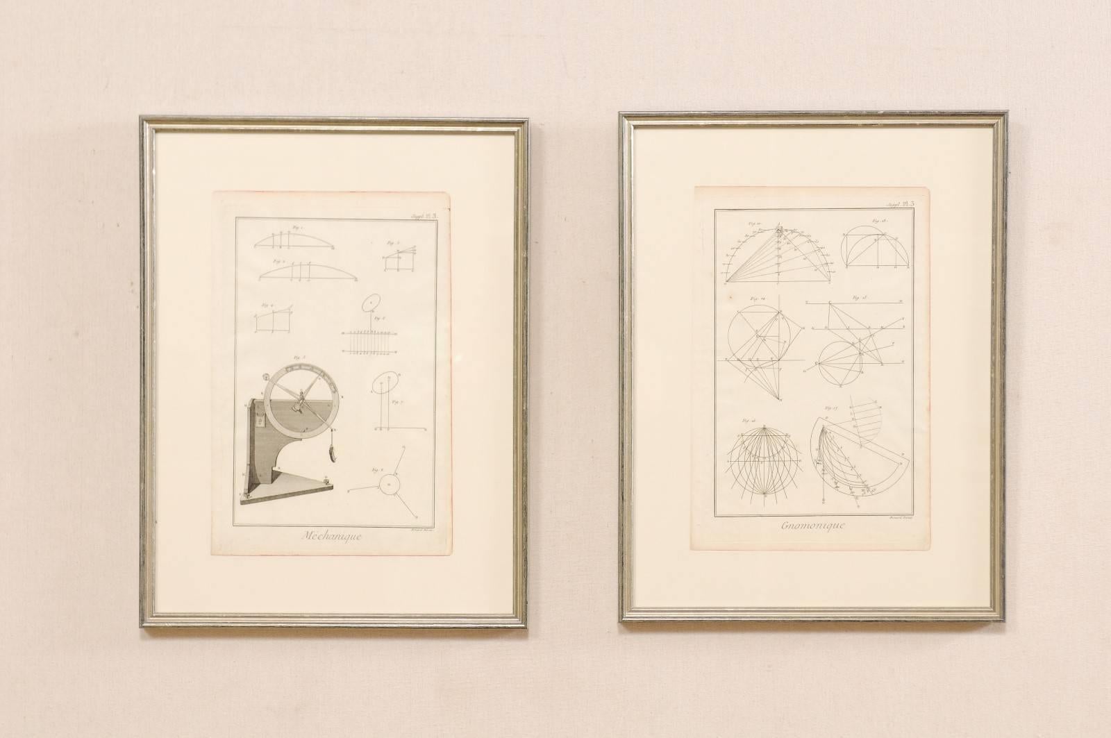 A pair of framed French, 18th century Bernard Direx renderings. This is a pair of framed mechanical and geometric renderings from French artist Bernard Direx. Each rendering was originally part of a larger book, and are copper plate engraved (a
