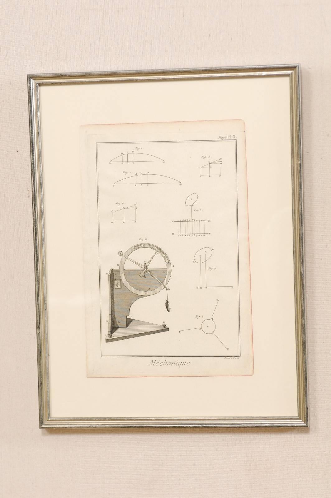 Painted Pair of Mechanical and Geometrical French, 18th Century Framed Renderings