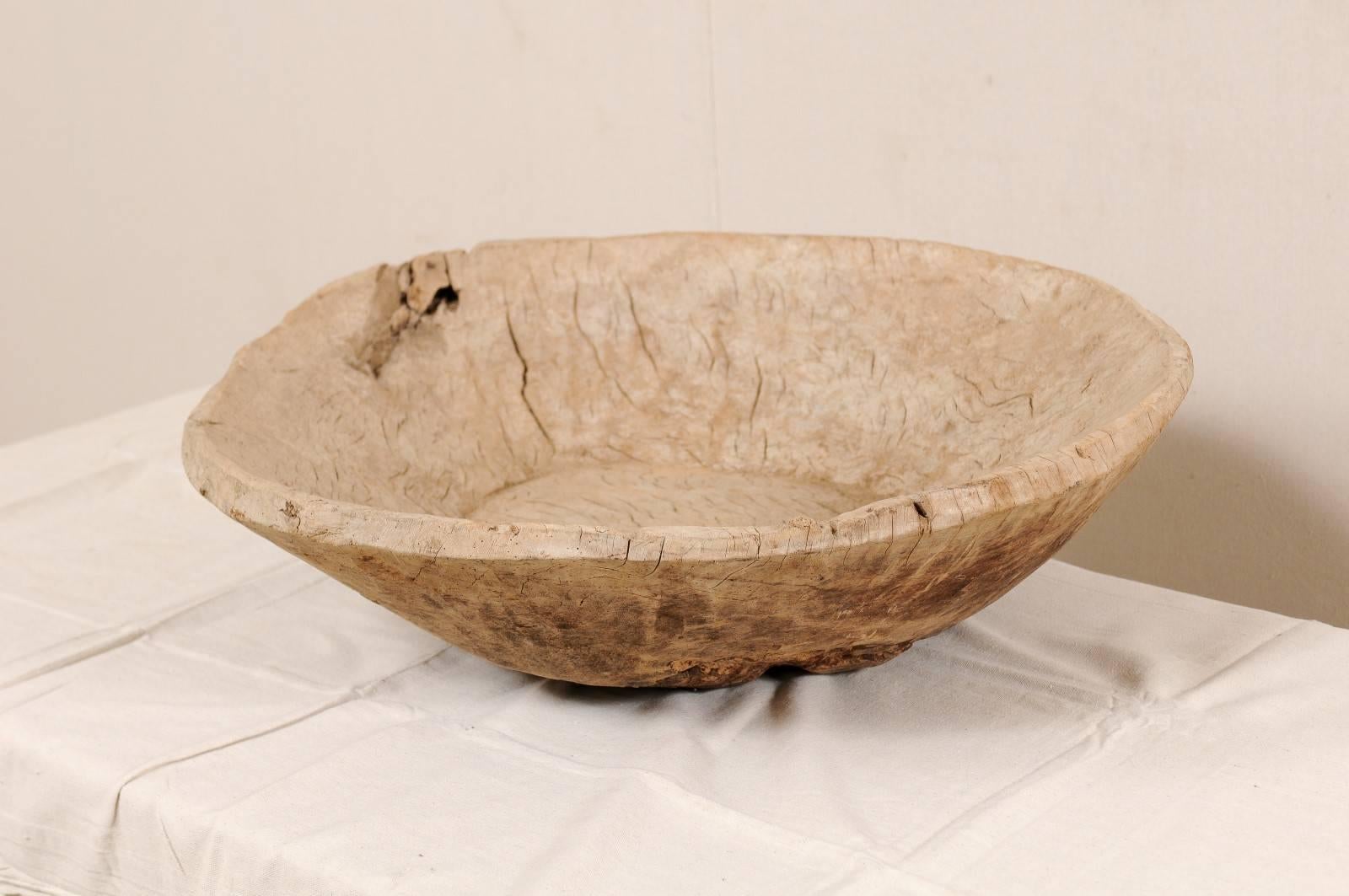 Oversized European Rustic Antique Hand-Carved Burl Wood Bowl with Round Shape In Good Condition In Atlanta, GA