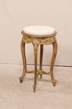 Pair of French Midcentury Carved Giltwood Round Marble-Top Occasional Tables