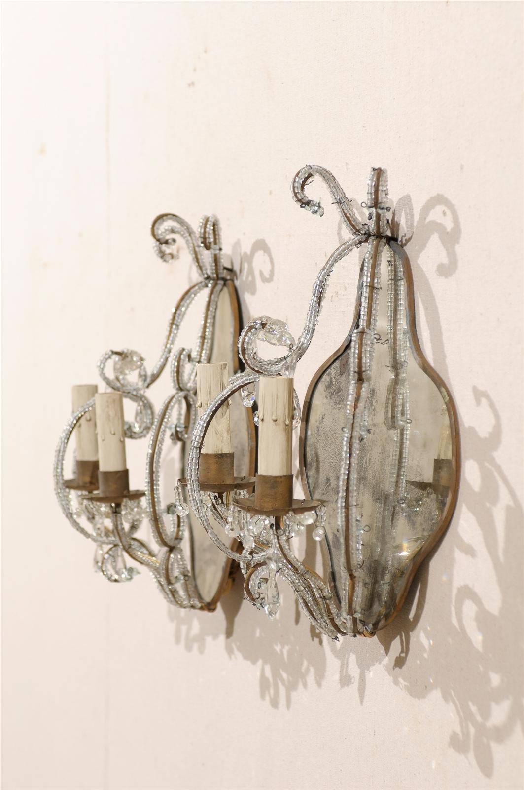 Pair of Italian Mirrored Sconces with Elegant Beaded Armature and Scrolls 1