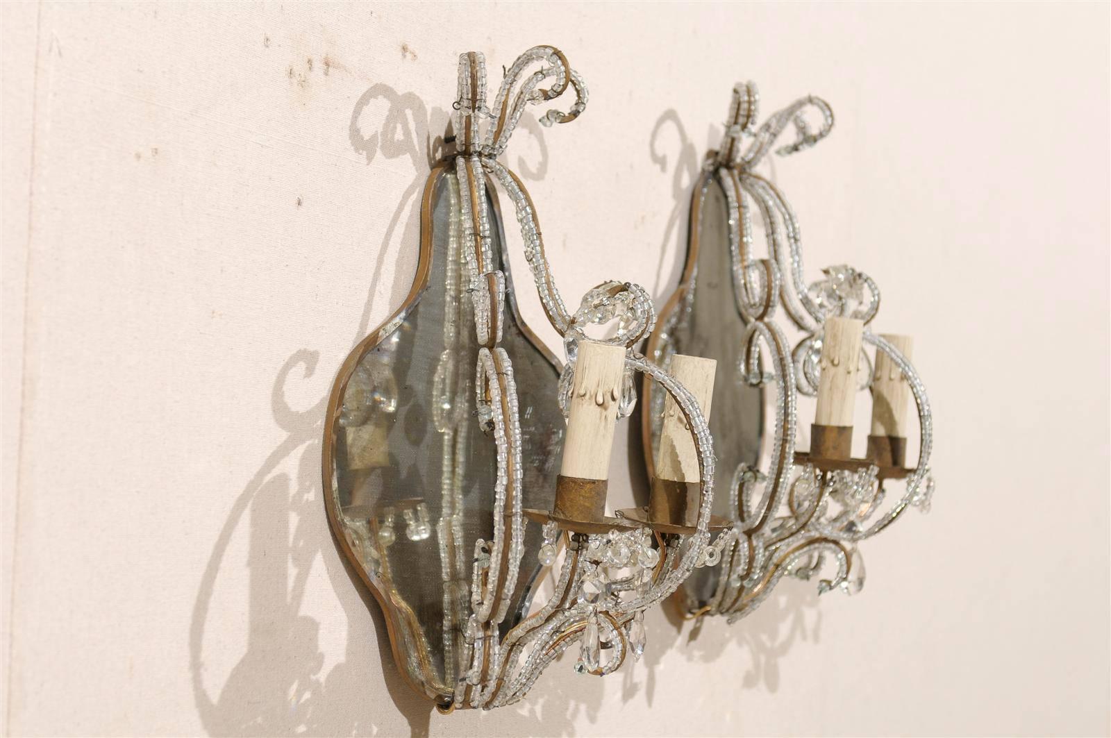 Pair of Italian Mirrored Sconces with Elegant Beaded Armature and Scrolls 2