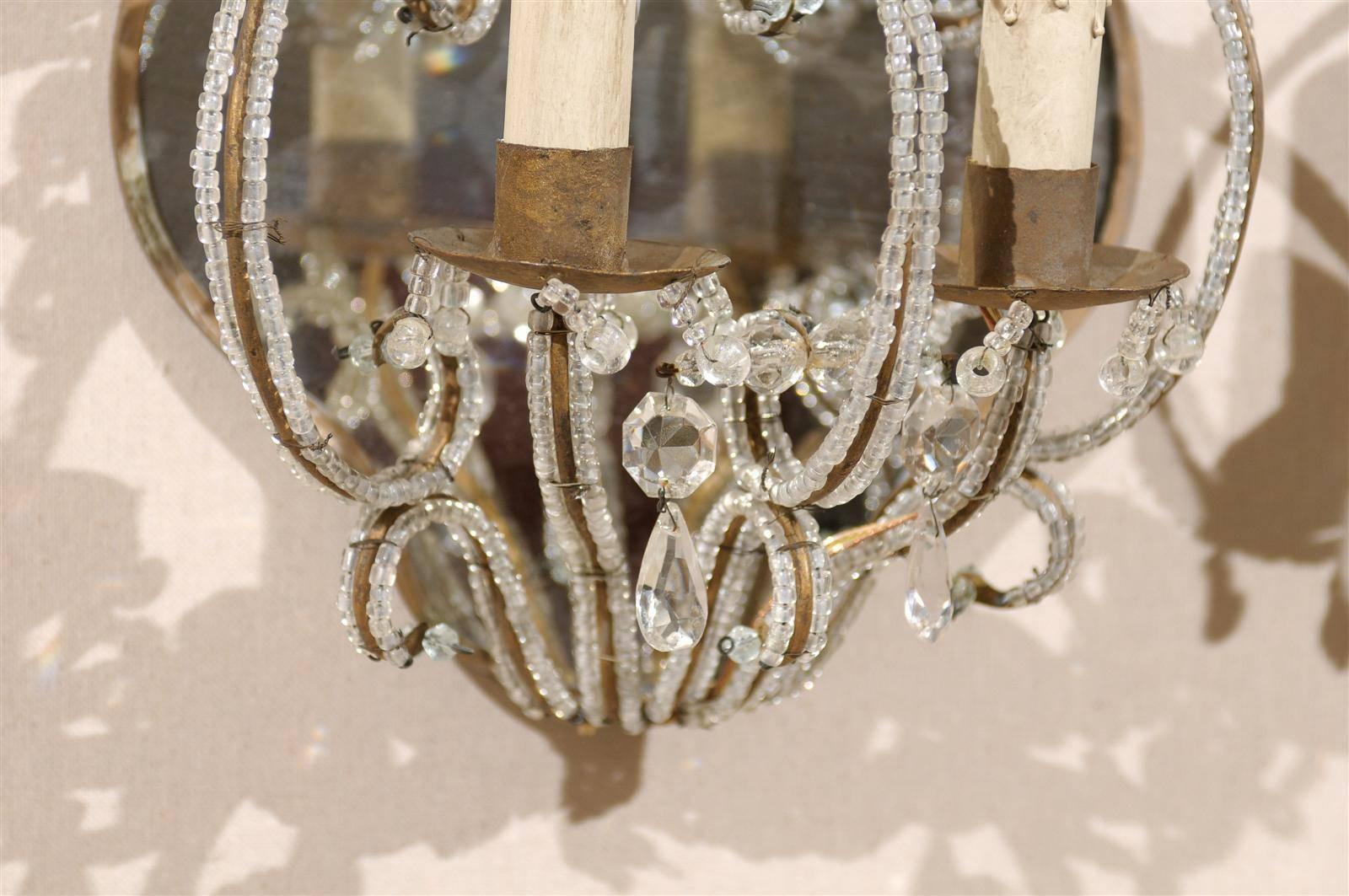 Pair of Italian Mirrored Sconces with Elegant Beaded Armature and Scrolls 4