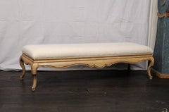 Vintage Carved Wood Nicely Sized Bench with Scalloped Skirt and Upholstered Top