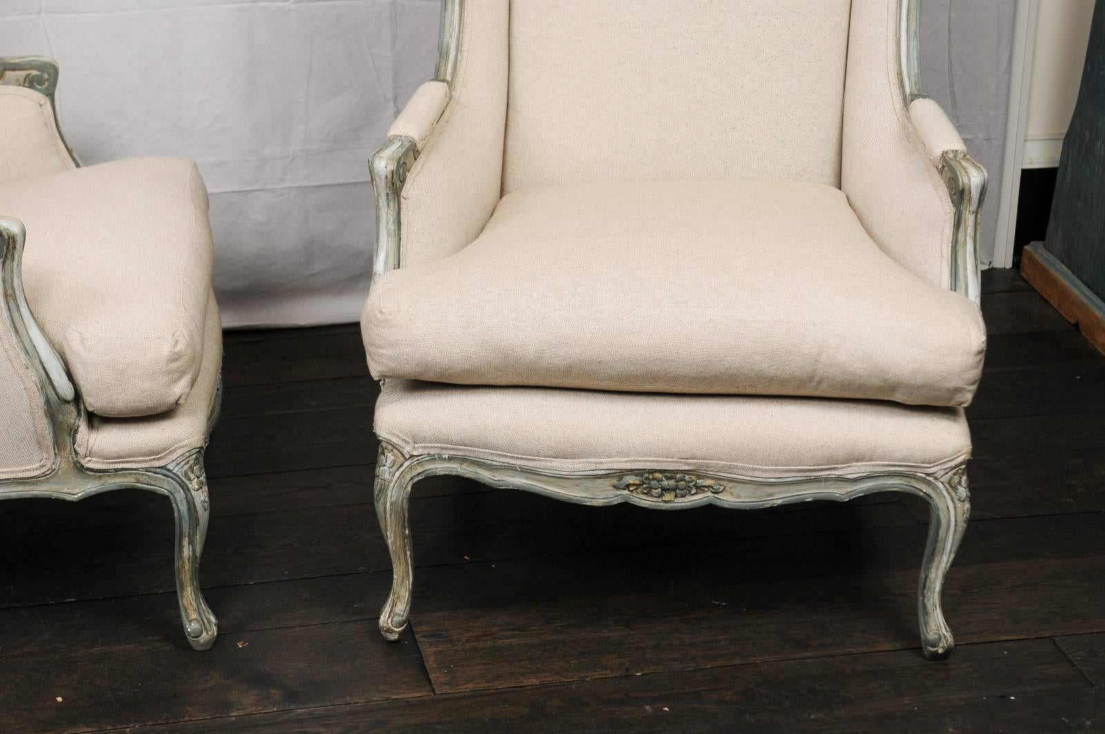 Pair of Mid-20th Century French Carved Wood and Upholstered Wingback Chairs 2