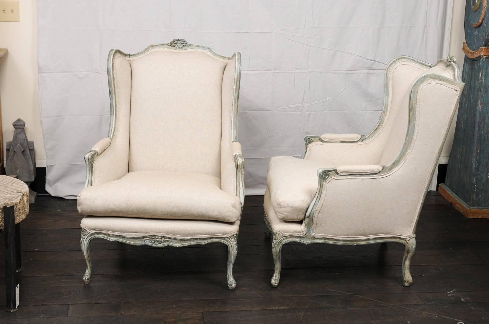 Pair of Mid-20th Century French Carved Wood and Upholstered Wingback Chairs 5