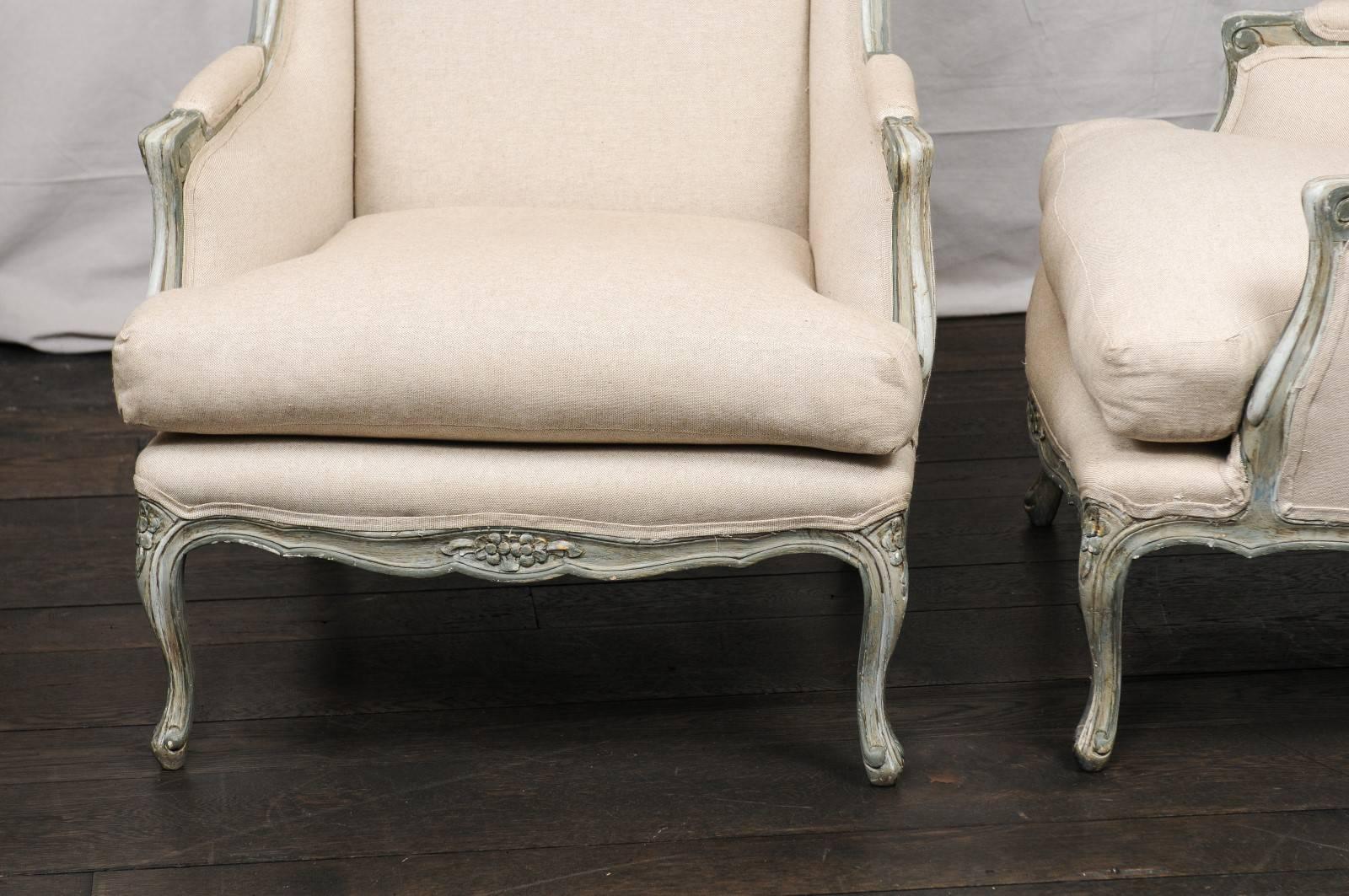 Pair of Mid-20th Century French Carved Wood and Upholstered Wingback Chairs 6