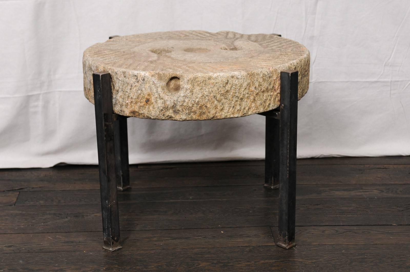 Rustic 19th Century European Millstone Grinding Surface Made Drink Table on Iron Base