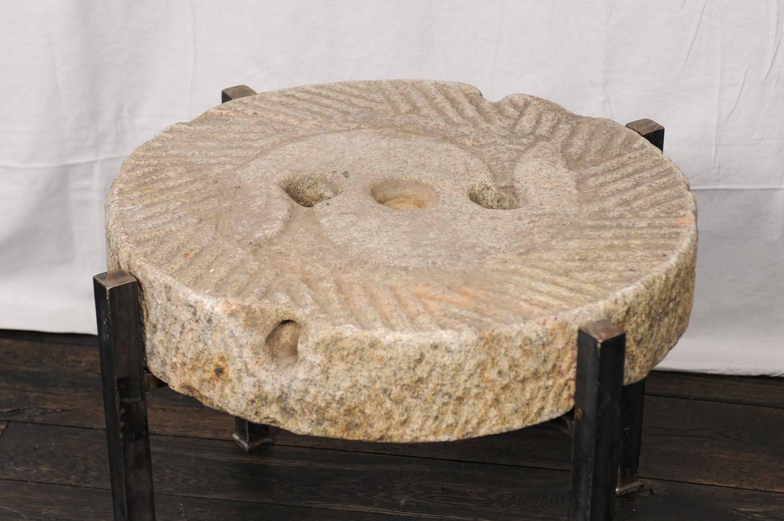 19th Century European Millstone Grinding Surface Made Drink Table on Iron Base In Good Condition In Atlanta, GA