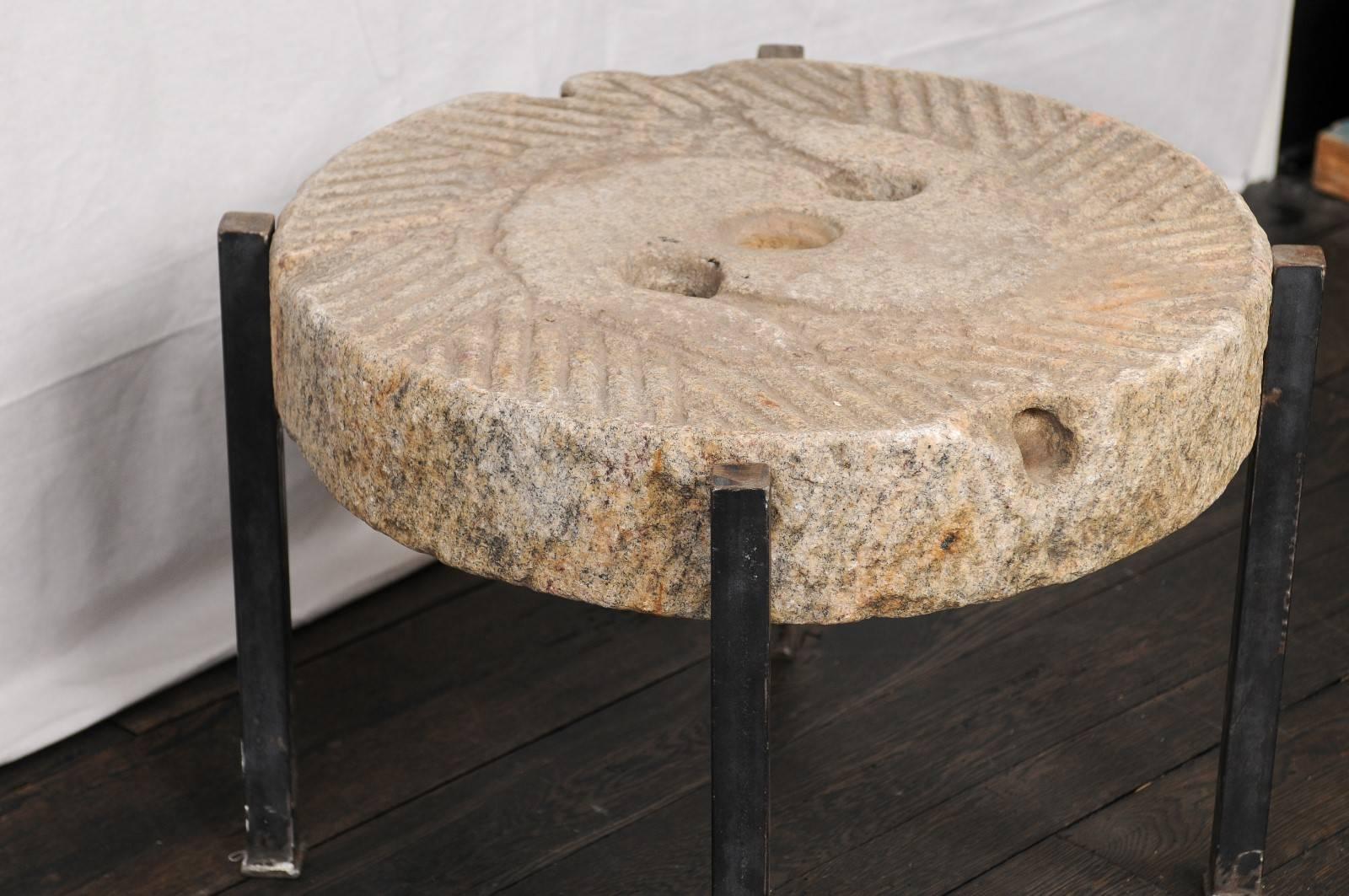 Stone 19th Century European Millstone Grinding Surface Made Drink Table on Iron Base