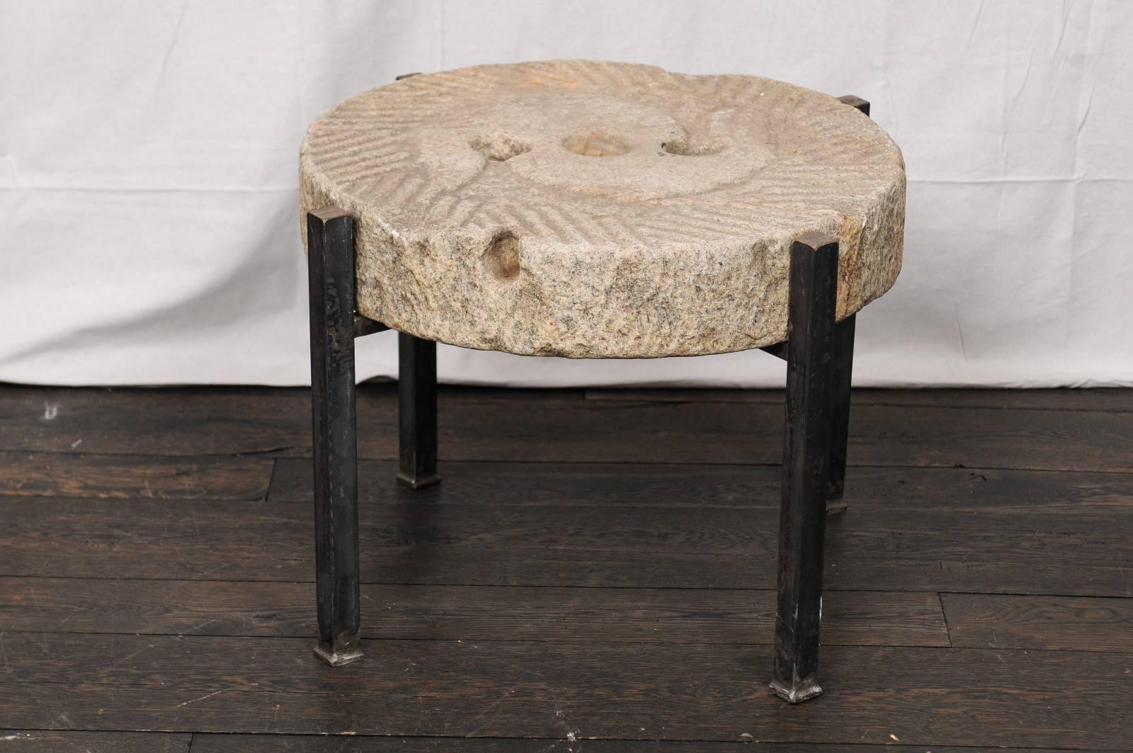 19th Century European Millstone Grinding Surface Made Drink Table on Iron Base 1
