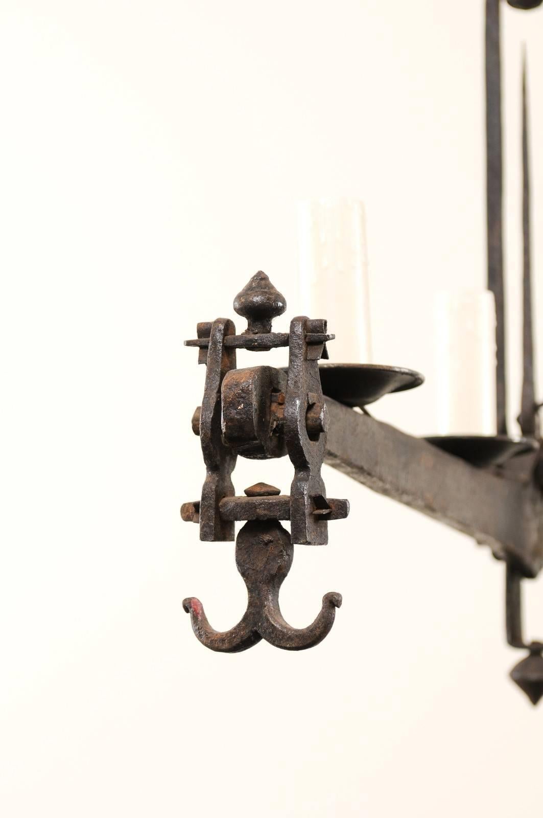 Mid-20th Century French Wrought Iron Scale Chandelier with Wide Linear Shape 1
