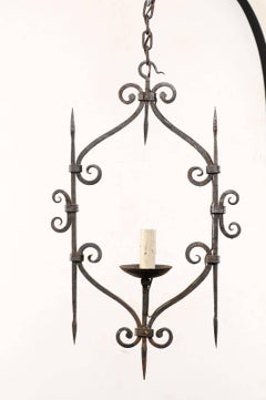 French Single Light Scrolled Hand-Forged Iron Chandelier, Midcentury, Vintage