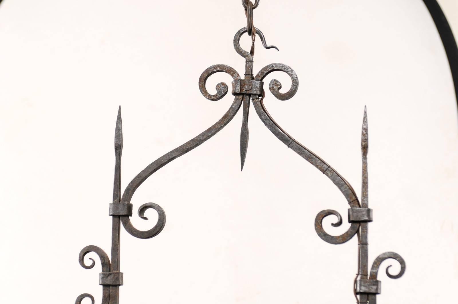 Metal French Single Light Scrolled Hand-Forged Iron Chandelier, Midcentury, Vintage