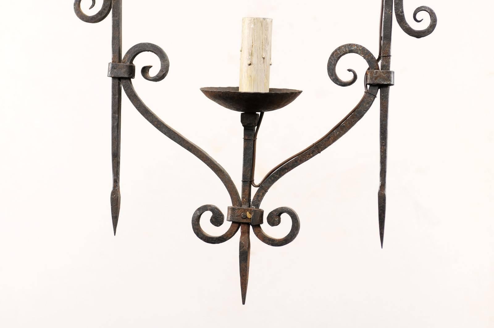French Single Light Scrolled Hand-Forged Iron Chandelier, Midcentury, Vintage 3