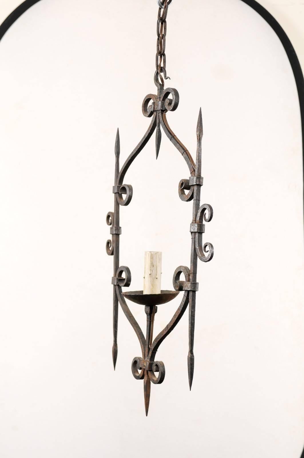French Single Light Scrolled Hand-Forged Iron Chandelier, Midcentury, Vintage In Good Condition In Atlanta, GA