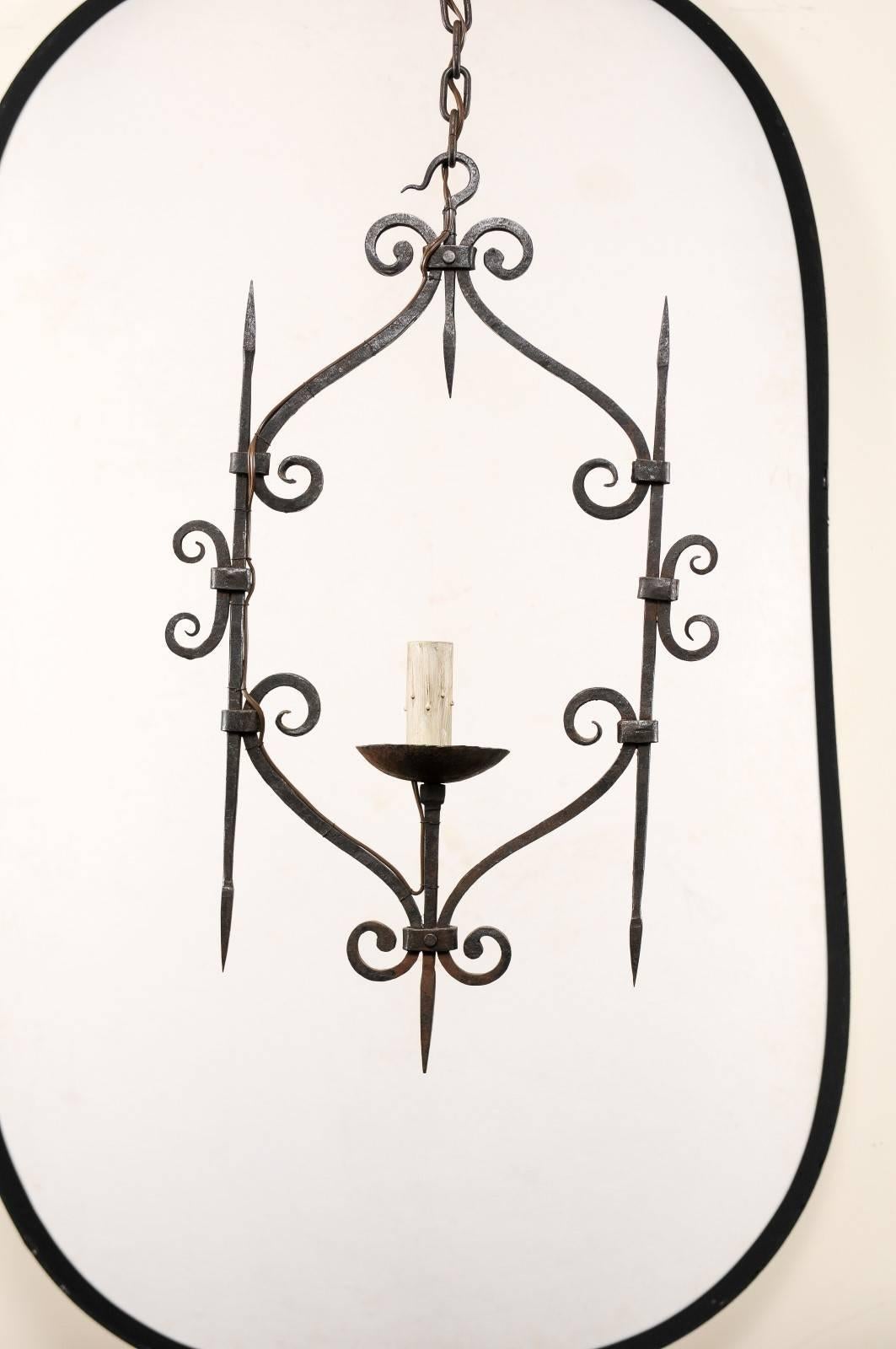 20th Century French Single Light Scrolled Hand-Forged Iron Chandelier, Midcentury, Vintage