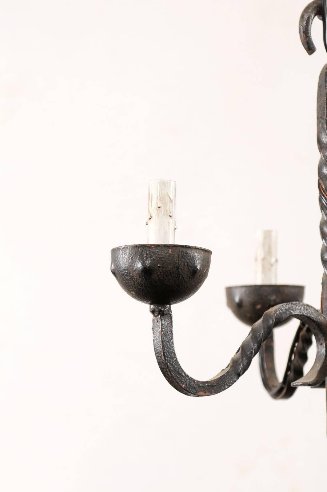 French Vintage Wrought Iron Four-Light Chandelier with Twisted Central Column 2