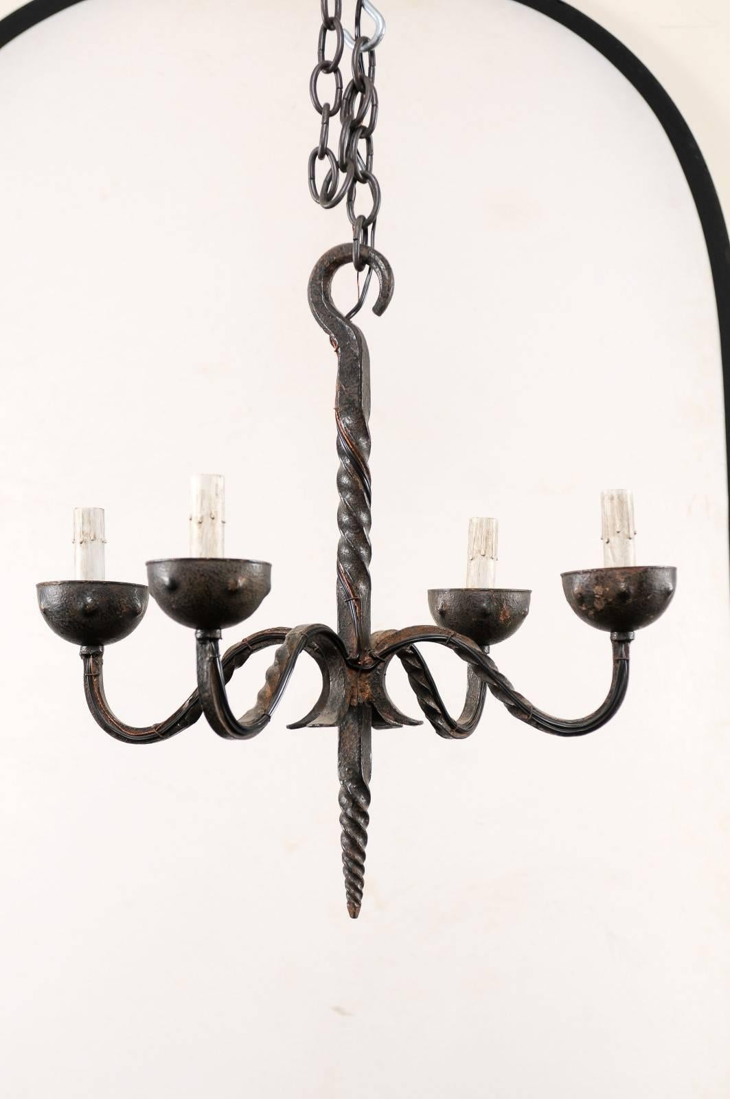 20th Century French Vintage Wrought Iron Four-Light Chandelier with Twisted Central Column