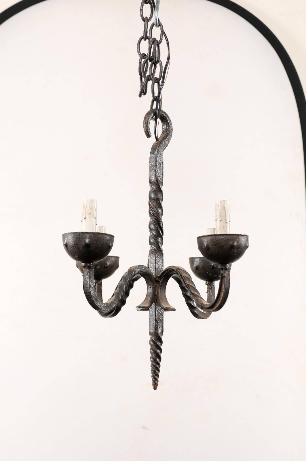 French Vintage Wrought Iron Four-Light Chandelier with Twisted Central Column In Good Condition In Atlanta, GA