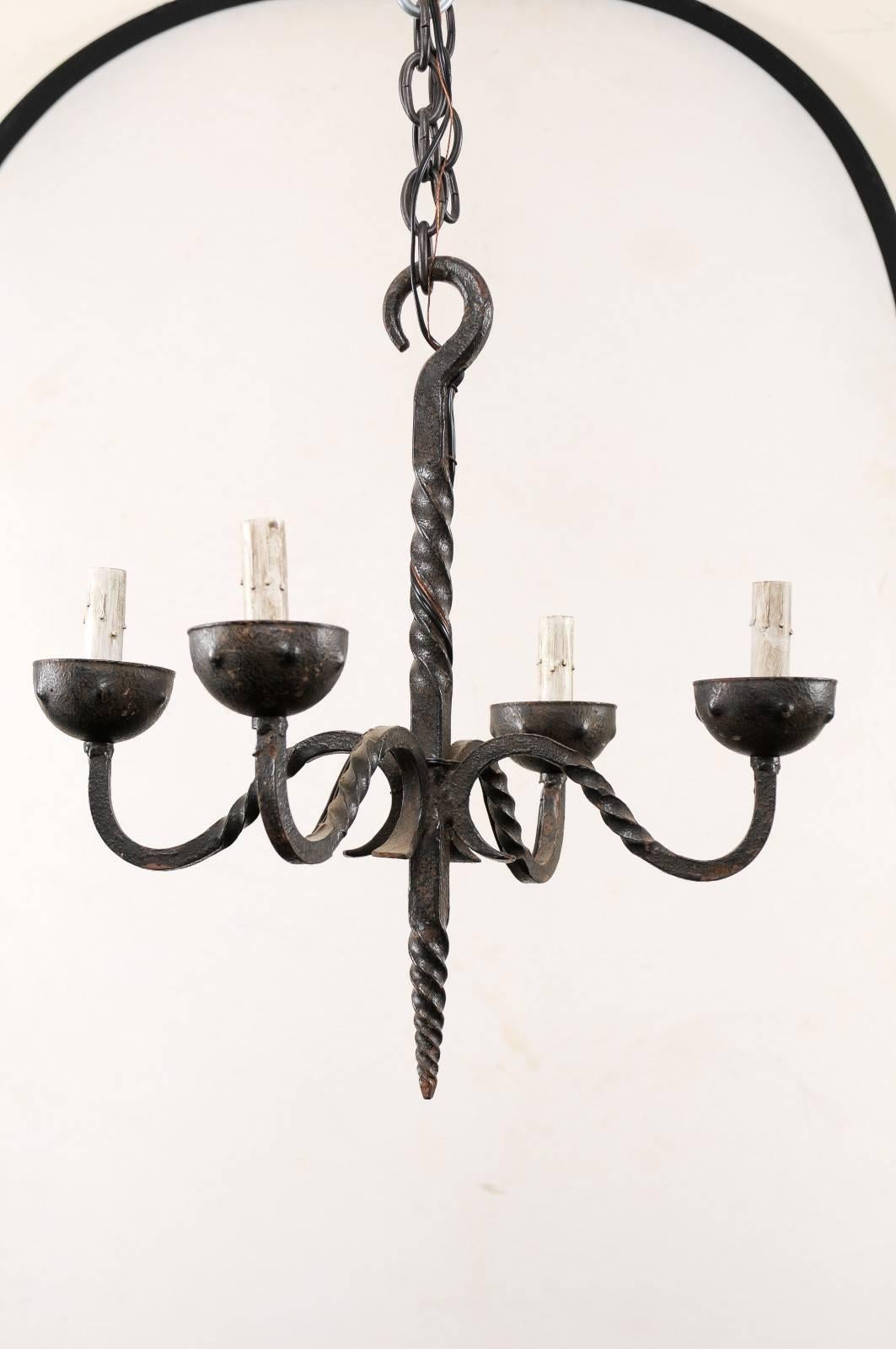 Metal French Vintage Wrought Iron Four-Light Chandelier with Twisted Central Column