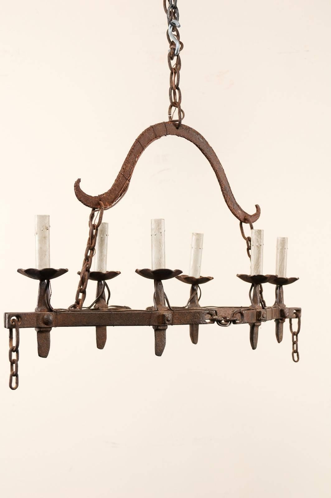 French Vintage Six-Light Iron Arch Shaped Chandelier with Nice Patina In Good Condition In Atlanta, GA