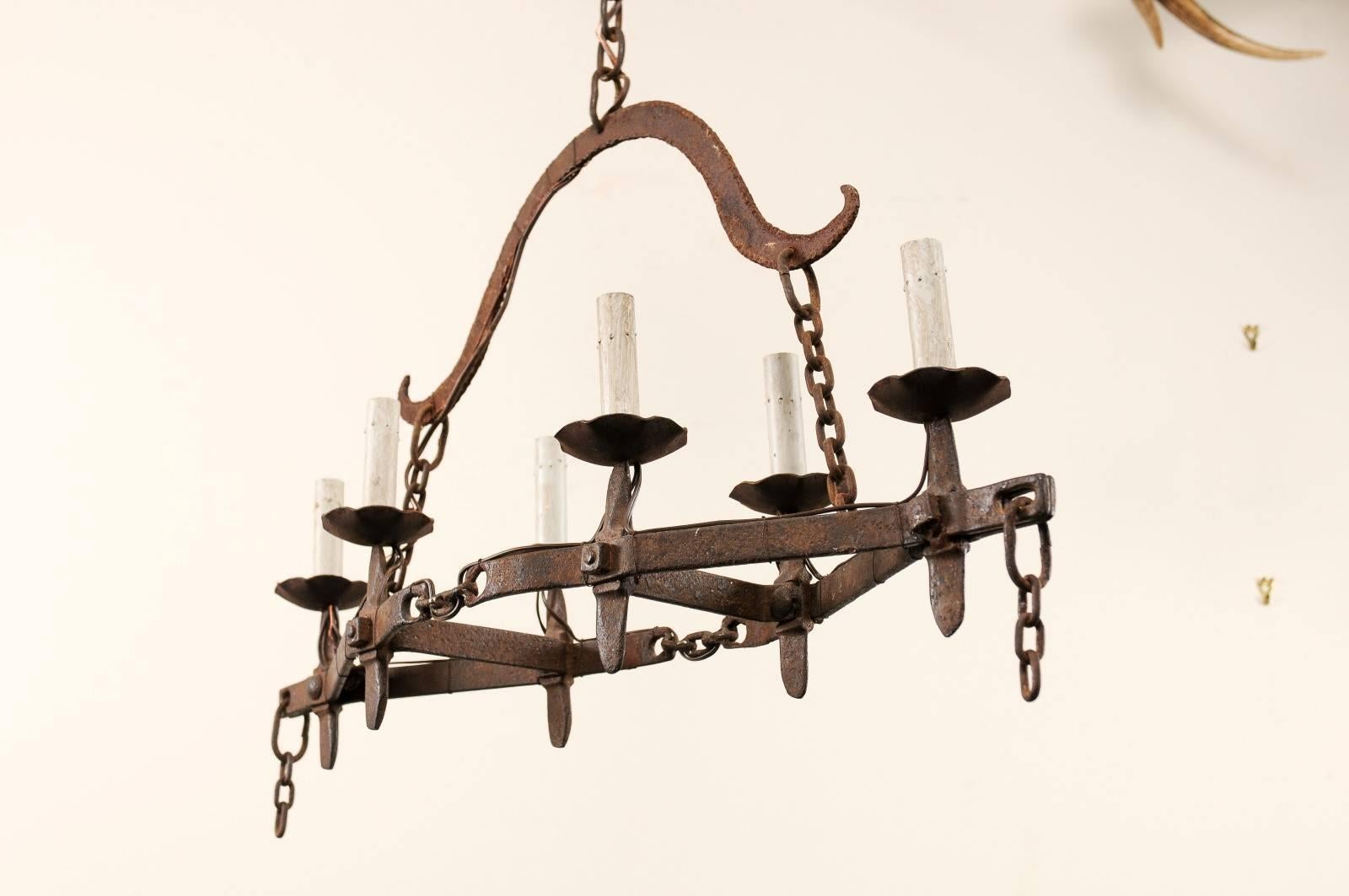 20th Century French Vintage Six-Light Iron Arch Shaped Chandelier with Nice Patina