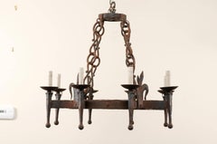Vintage French Iron Eight-Light Chandelier with Torch-Like Arms & Fleur de Lis
