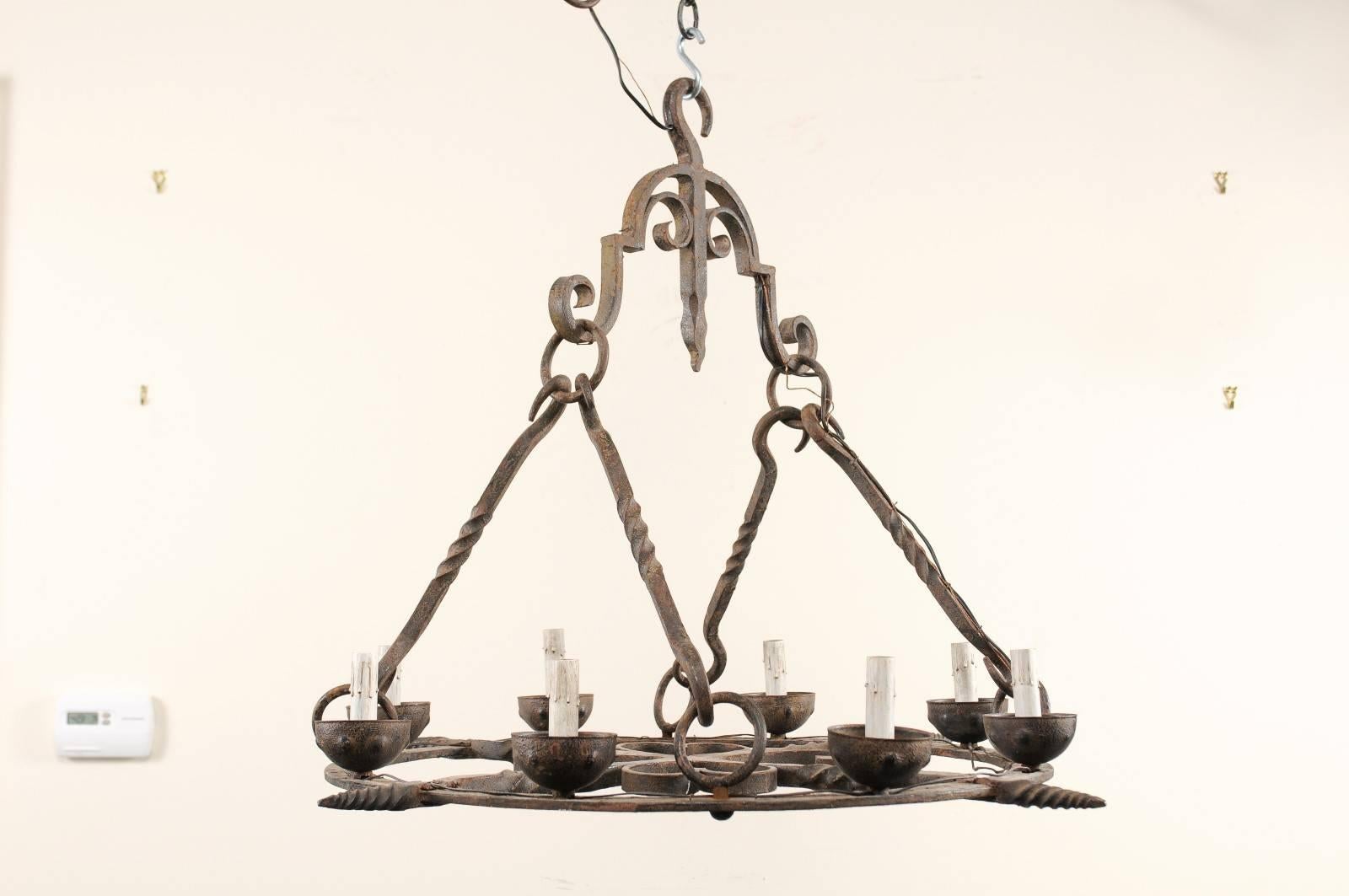 Rustic French Eight-Light Hand-Forged Iron Circular Chandelier w/Beautiful Suspension For Sale