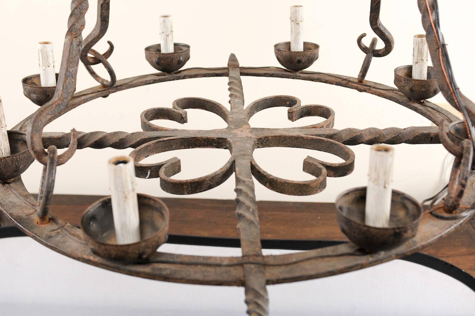 French Eight-Light Hand-Forged Iron Circular Chandelier w/Beautiful Suspension For Sale 2