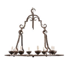 Retro French 8-Light Circular Forged-Iron Chandelier w/Cupped Iron Bobèches  