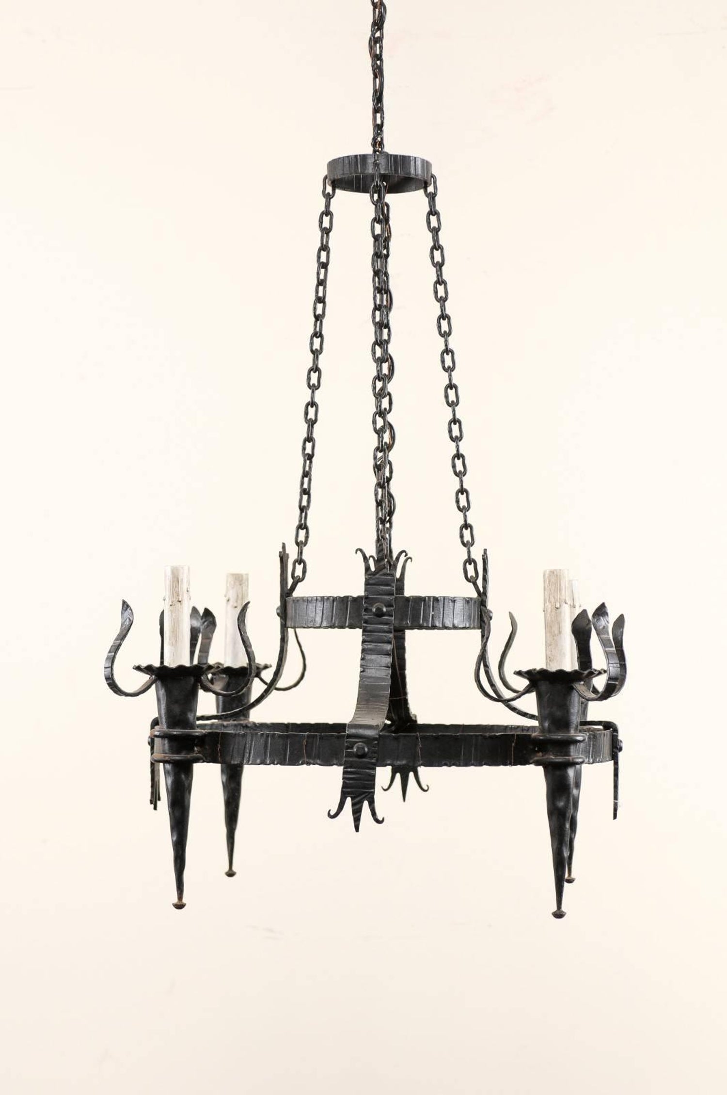 Vintage Four Light Chandelier french vintage four light black iron chandelier with torch shaped arms for sale at 1stdibs