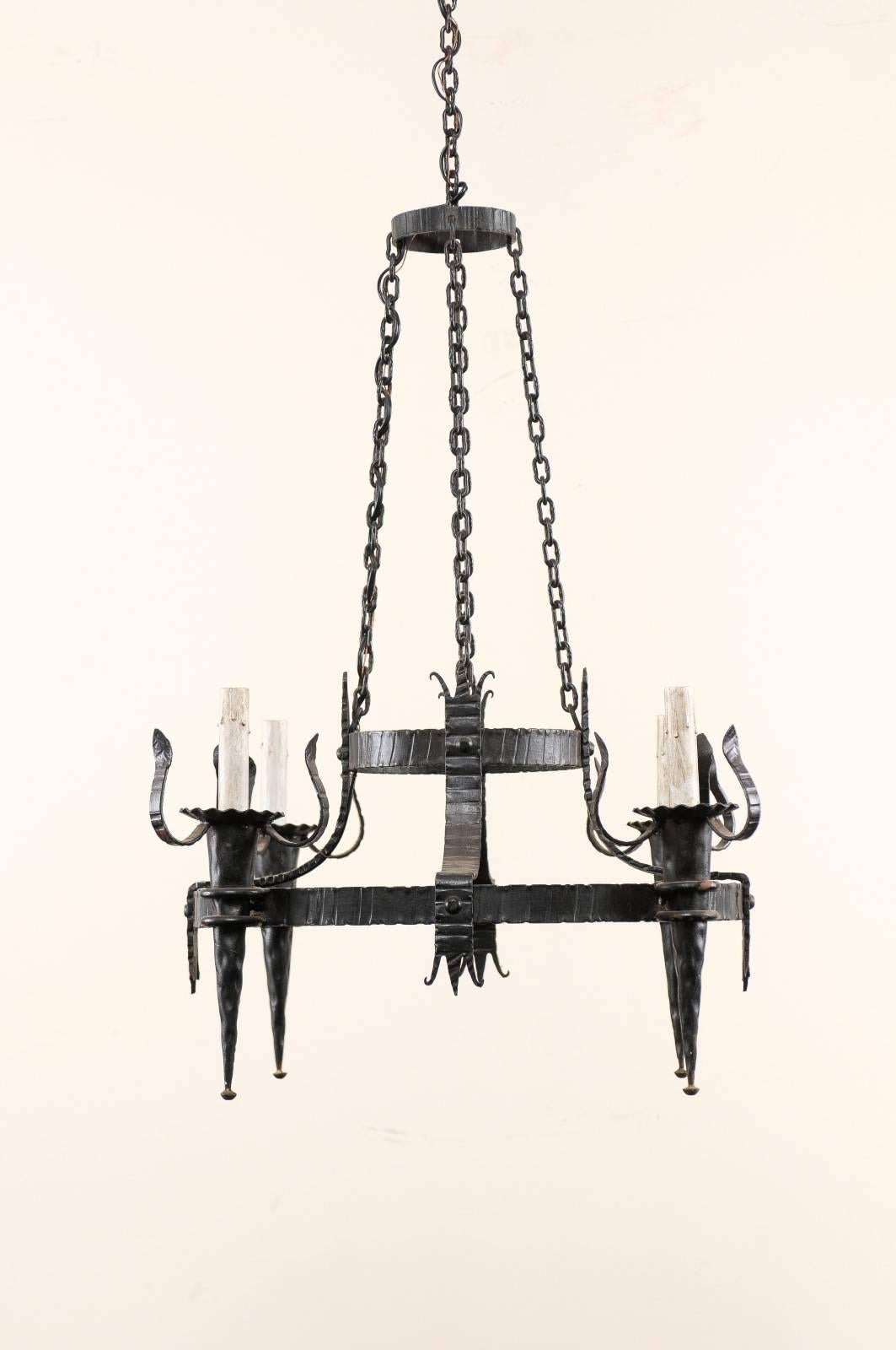 Metal French Vintage Four-Light Black Iron Chandelier with Torch Shaped Arms For Sale