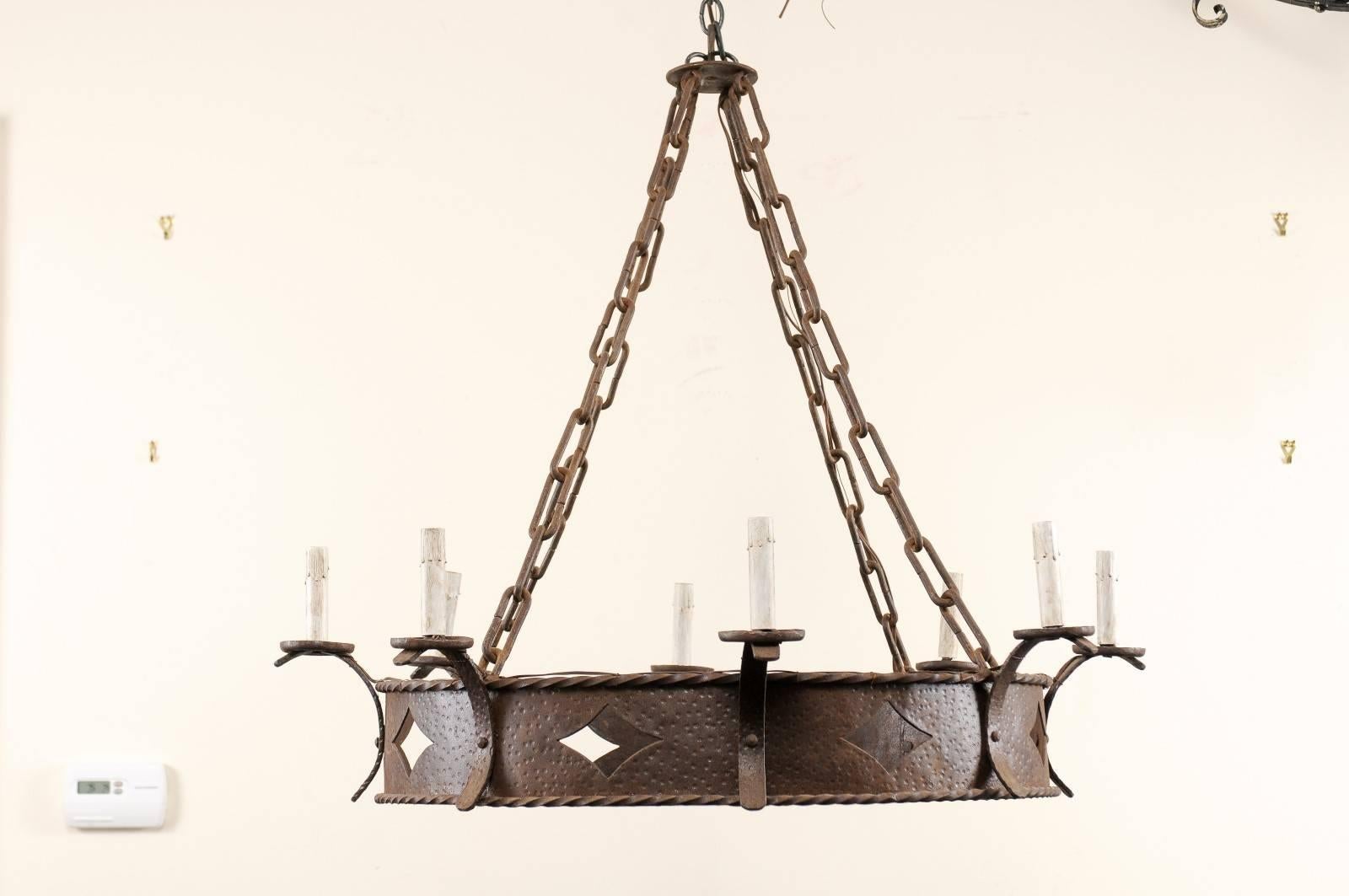 Rustic French Midcentury Ring Shaped Wrought Iron Chandelier with Diamond Motifs