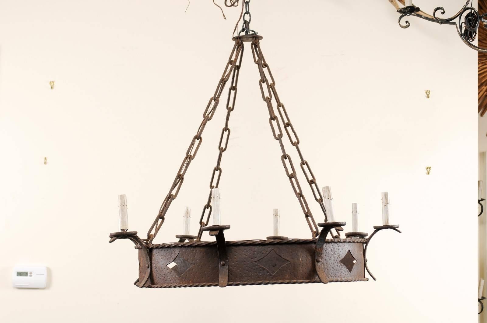 French Midcentury Ring Shaped Wrought Iron Chandelier with Diamond Motifs In Good Condition In Atlanta, GA