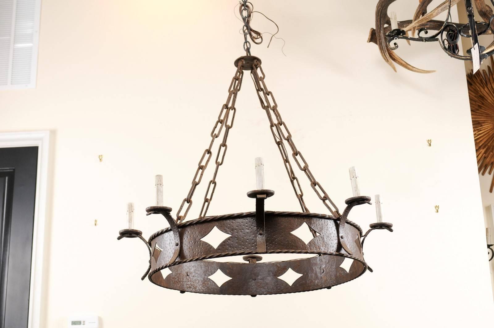 French Midcentury Ring Shaped Wrought Iron Chandelier with Diamond Motifs 3