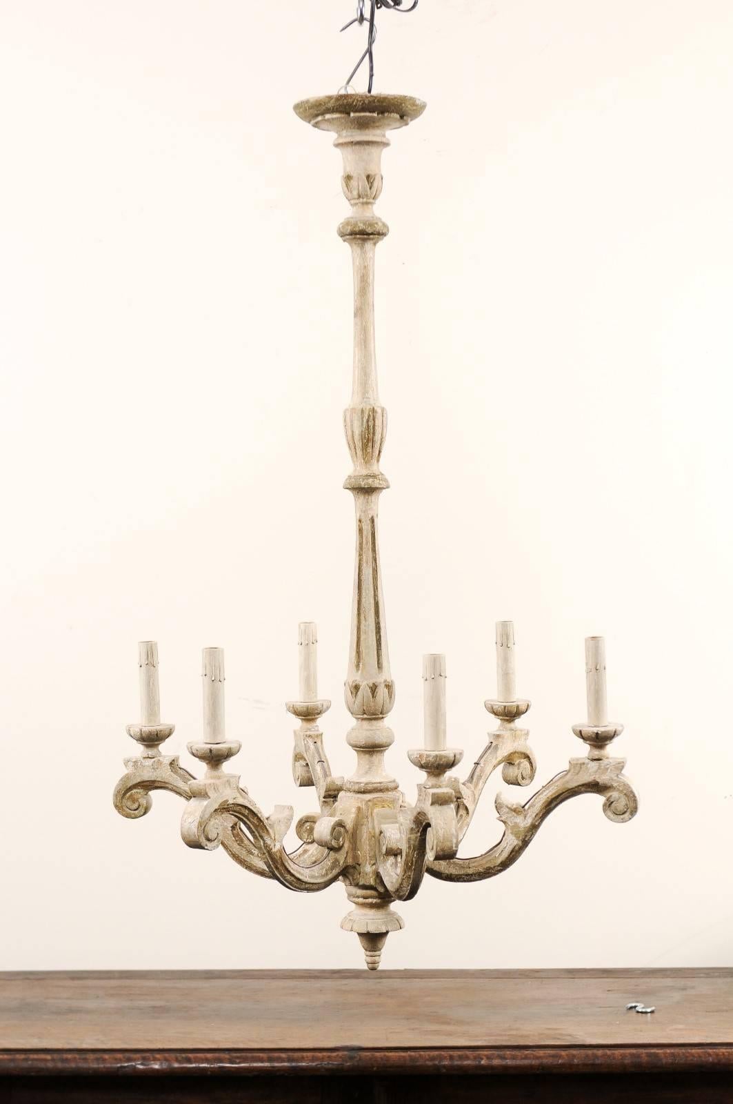 Carved Pair of French Painted Wood Vintage Chandeliers in Neutral Cream & Beige Colors