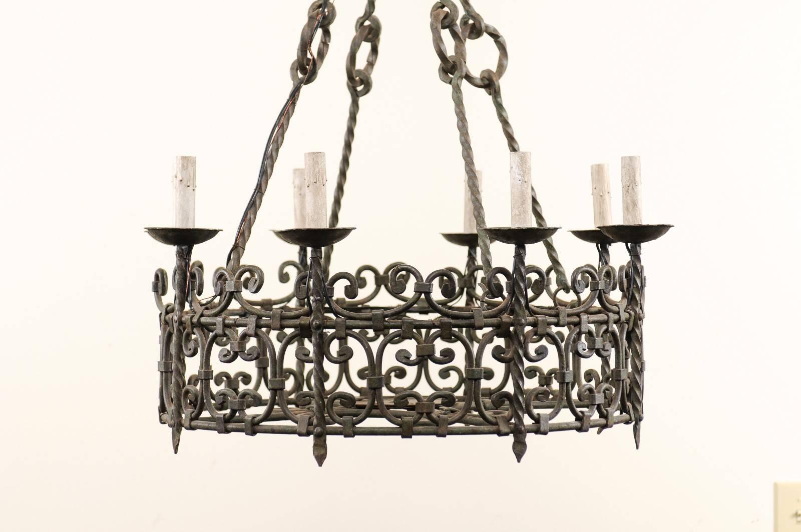 Metal Eight-Light Intricately Scrolled Dark Iron Ring Chandelier, Mid-20th Century For Sale