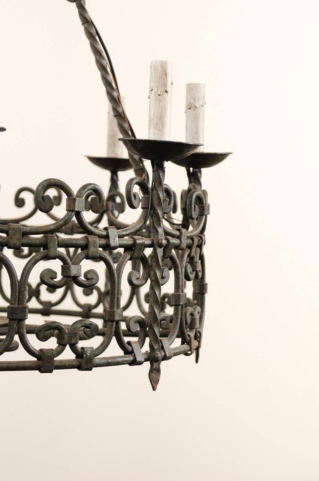 Eight-Light Intricately Scrolled Dark Iron Ring Chandelier, Mid-20th Century For Sale 3